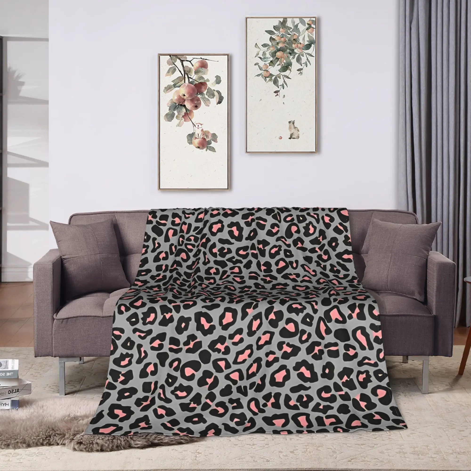Фото Pink and Grey Leopard Print Spots Blanket  Soft Warm Plush Throw Blanket For Home Decor Office Flannel Bedspread Bed Cover №2