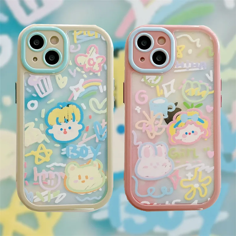 

Fresh Graffiti Cute Cartoon Boy Girl Phone Case Cover for IPhone 11 12 13 Pro X XR XS Max Shockproof Case for IPhone 13 Cases
