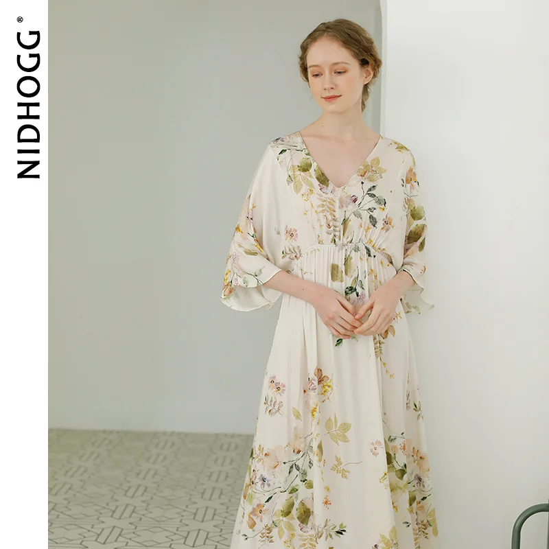 2022 Summer Lady Nightgown V-neck Elegant Rose Printed Satin Women Sexy Sleepwear Night Dresses for Party Nighty Sleep Dress