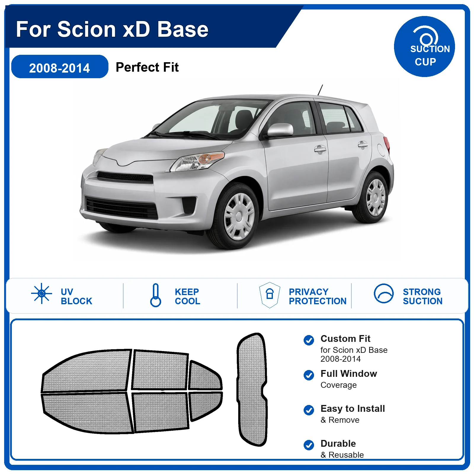 Фото Для Scion xD Base 2008-2014: Полный комплект солнцезащитных шторок на лобовое стекло из алюминиевой фольги, теплоизоляционные, с защитой от УФ-излучения, складные №1