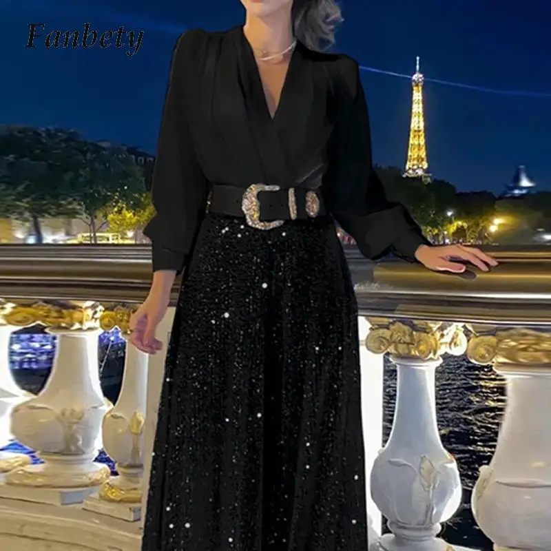 

Fashion Sequins Long Pants 2pc Set Elegant Women Shirts And Wide Leg Pants Set Sexy Deep V Neck Long Sleeve Blouse Two Piece Set