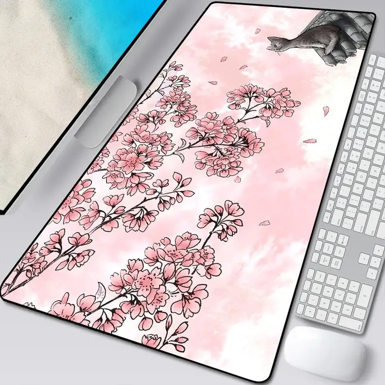 

Chinese Style Mouse Pad, Large Gaming Mouse Pad Spring Print Anime Mouse With Softy Border Locked Natural Rubber