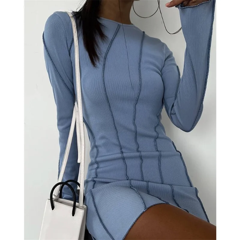 

Женское мини-платье в полоску, с круглым вырезом и длинным рукавом