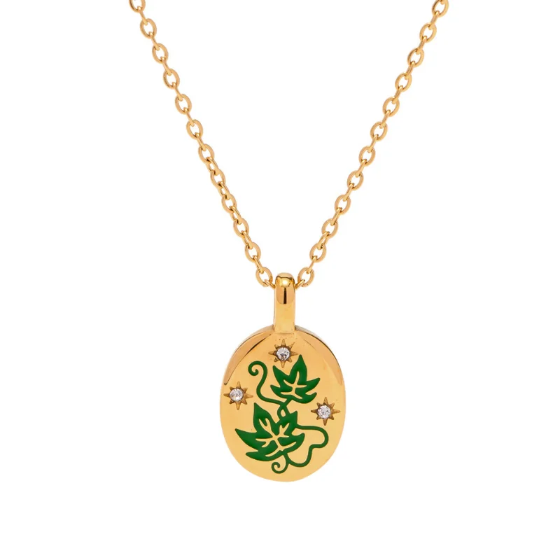 

Minar French Enamel Leaves Oval Coin Medallion Pendant Necklaces for Women 18K Gold Plated Titanium Steel Necklace Waterproof