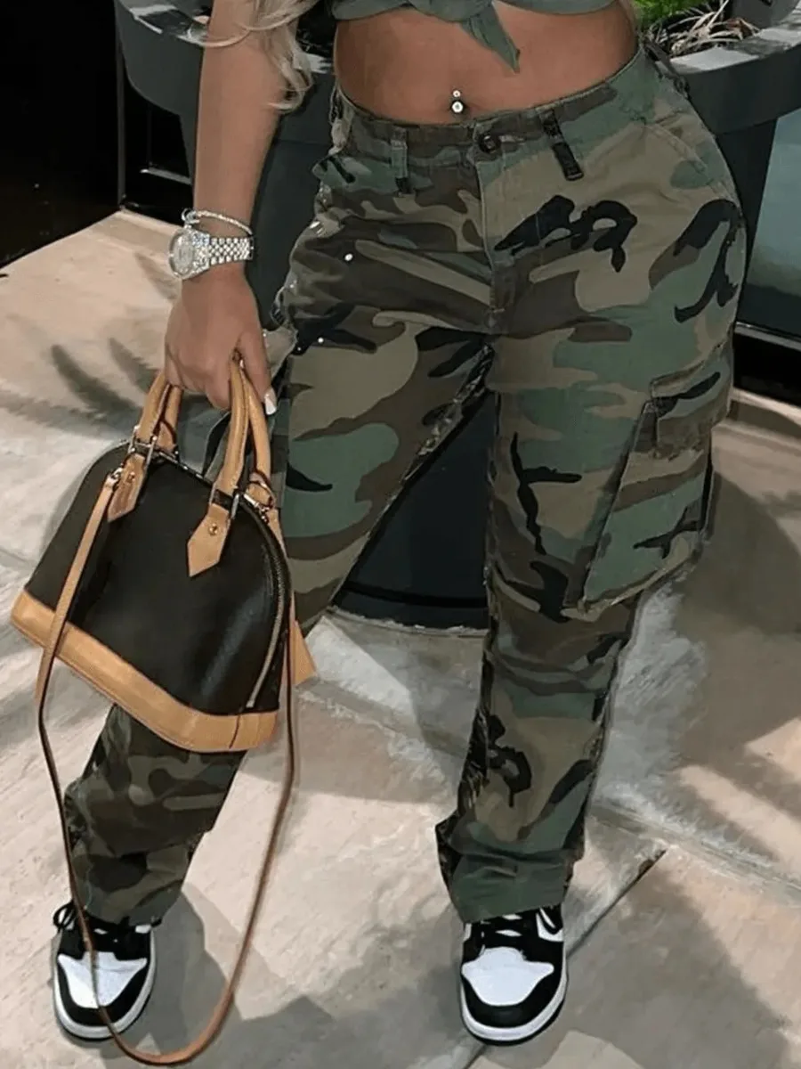

High Waist Camo Multicolor Cargo Pants XS-5XL Street Casual Side Pocket Camouflage Women Streetwears Straight Lady Trousers
