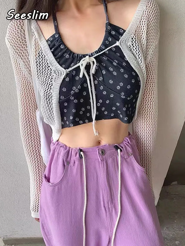 

Seeslim сексуальные прозрачные укороченные топы тонкие ажурные винтажные топы из двух частей Y2k гранж футболка женская летняя пляжная одежда ф...