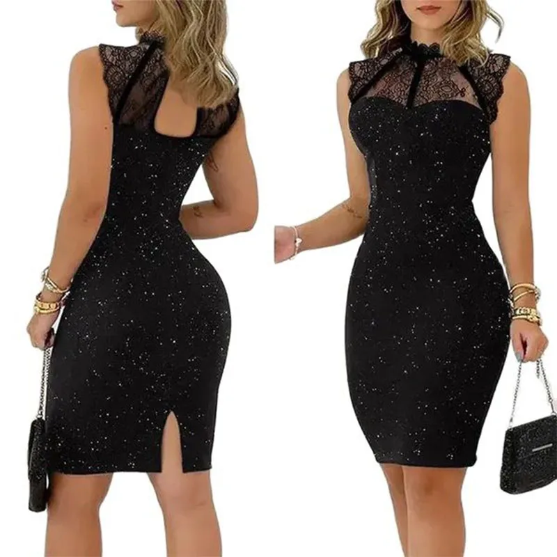 

Модное черное кружевное элегантное облегающее платье без рукавов с блестками, Новинка лета 2023, Женское боди, сексуальное женское вечернее платье