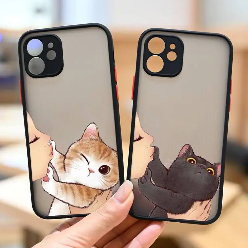 

RUICHI Cute Hand Cat Kiss Pattern Phone Case For iPhone13 12 Mini 11 Pro XS Max X XR 7 8 Plus Translucent Matte Cover