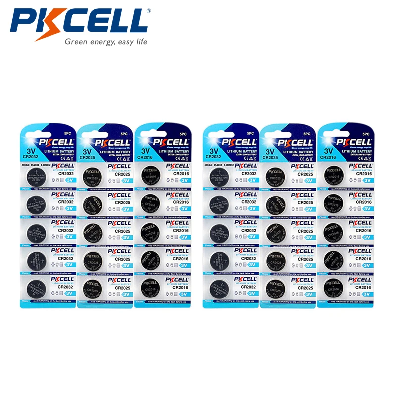

PKCELL 10Pcs/2Cards CR2032 + CR2025 + CR2016 3V Lithium Battery Button Dry Cell total 30pcs Coin Batteries