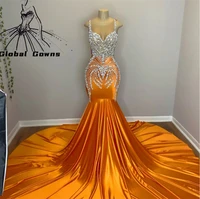 orange o neck long prom dress for black girls beaded birthday party gowns crystal evening dresses robe de soir%c3%a9e femme
