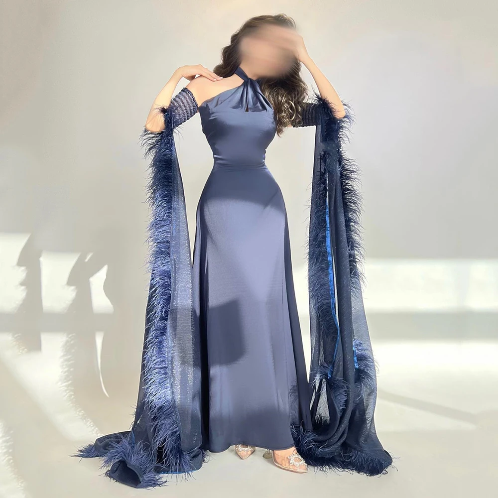 

Evening Dresses Sleeveless Feathers Halter Temperament Islamic Prom Gown A-line Satin Formal Party Dress vestidos de gala
