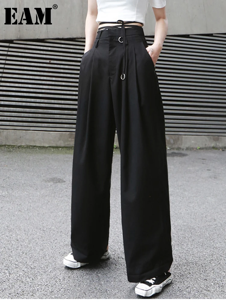 

[EAM] 2022 Новинка весна осень высокая талия свободные Кнопки короткие повязки длинные широкие брюки женские брюки модные JX399