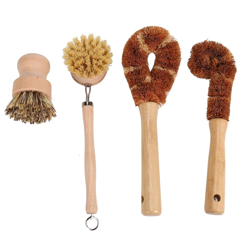 

Plant Based Cleaning Brush Set 4 Piece, Beech Wood And Coconut Bristle Wooden Pan And Pot Cleaning Brush - Bottle Brush - Dish B
