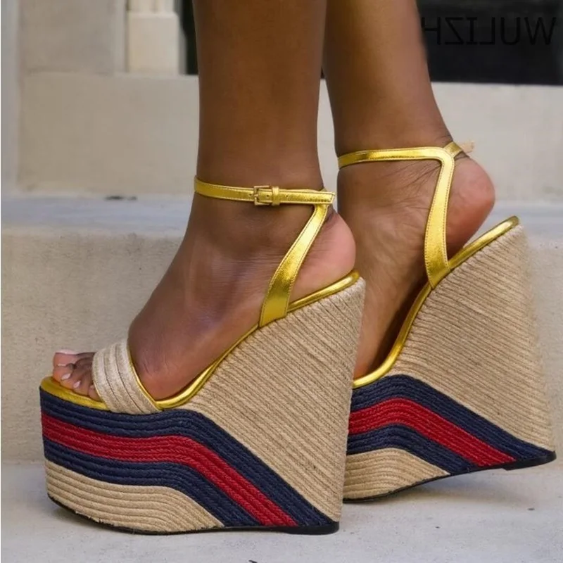 

Mixed Colors Woven Wedge Platforms Espadrille Sandals Gold Metallic Leather Ankle Strap Peep Toe Summer Casual Shoes Size 42