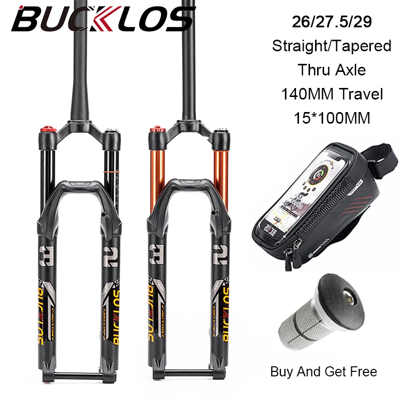 

BUCKLOS 10*15mm Bicycle Fork Air Suspension 26 27.5 29 Mountain Bike Fork Straight/tapered MTB Forks with Thru Axle 140mm Travel