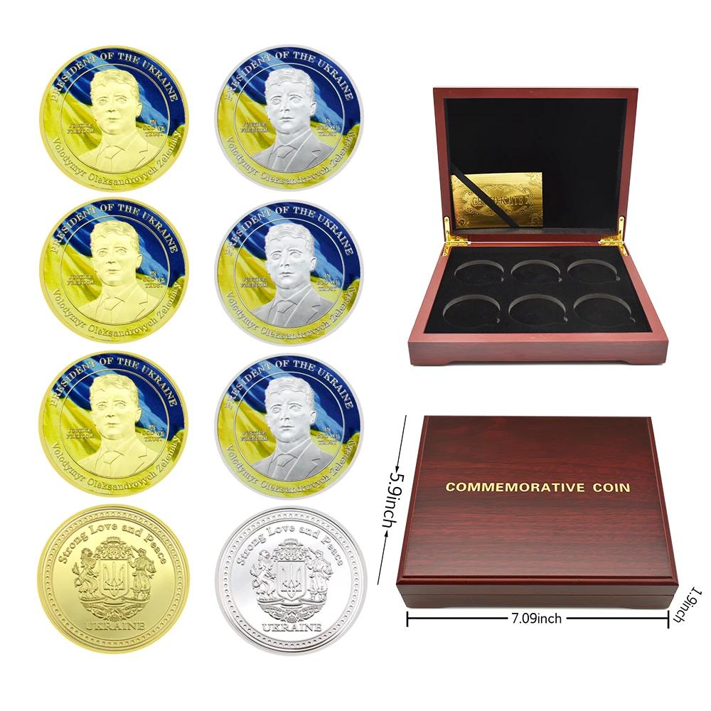 

6pcs / Box Zelensky Commemorative Coin Wooden Box Set Ukrainian President's World Coin Gold and Silver Plated Collection Gift