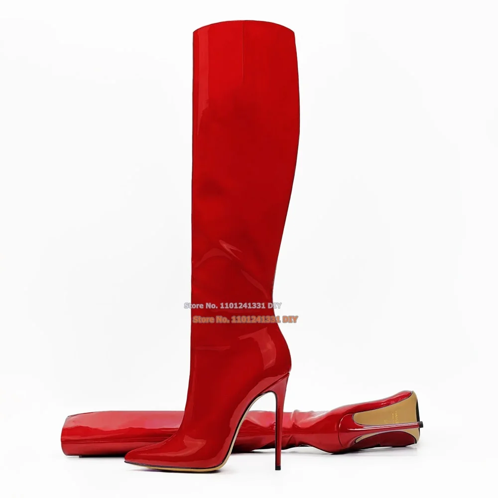 Red Bright Glossy Patent Leather Pointed Toes Knee High Boots Women Handcrafted Stiletto Heeled Long Bota High Heel Shoes