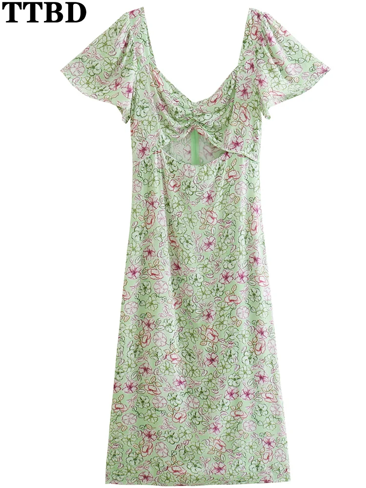 

TTBD robe Women 2022 fashion front hollow out floral print midi dress boho short sleeve traf female dresses vestidos muj
