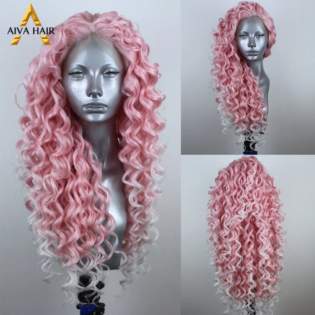 Curly Color Synthetic Lace Wig Heat Resistant Pink White 13X4 Lace Front Wig Drag Queen Cosplay Ombre Wigs For Black Women