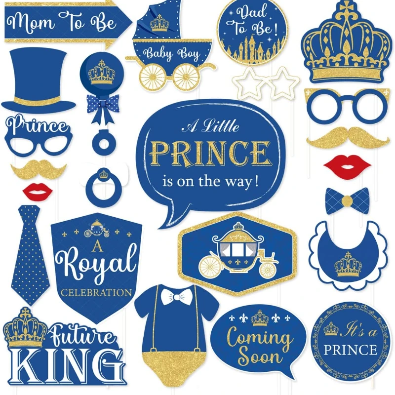 

Funmemoir Royal Prince Photo Booth Props 24 Pieces Baby Shower Party Decoration Supplies Navy Blue Gold Glitter Photo Props Kit