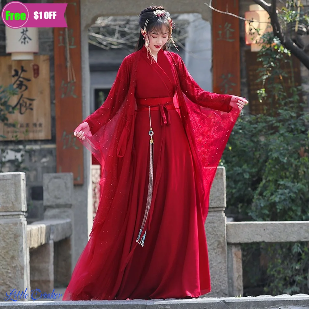 

2022 New Hanfu Women Red Dress Folk Dance Costume Chinese Traditional National Fairy Ancient Han Dynasty Princess Stage Outfits