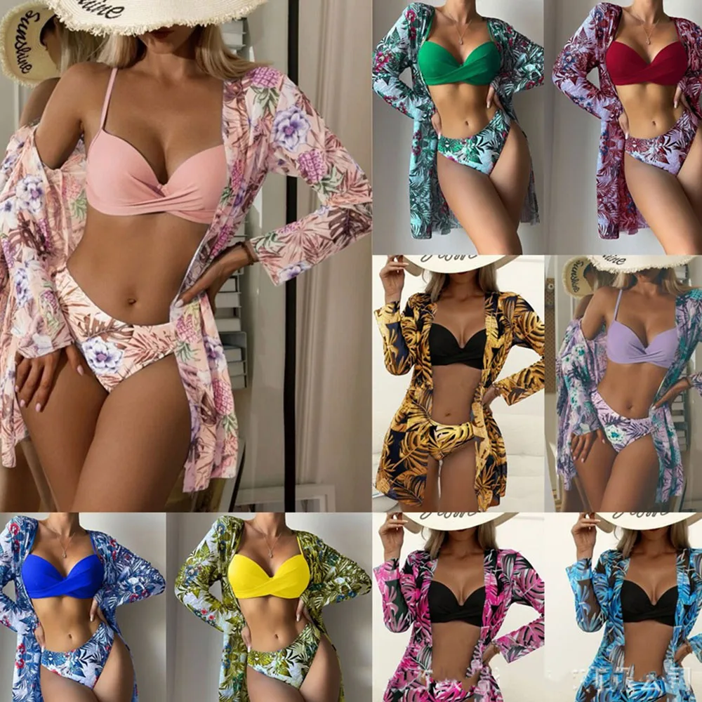

Комплект бикини из трех предметов с цветочным принтом, женский купальник с заниженной талией, с длинным рукавом, накидка, модель 2023 летний п...