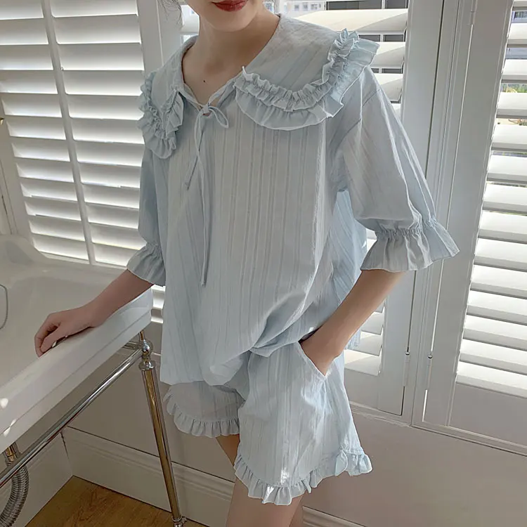 

Summer Women's Pajama Set Lolita Princess Pajama Sets Vintage Ladies Girl's Turn Down Collar Pyjamas Set Sleepwear Loungewear