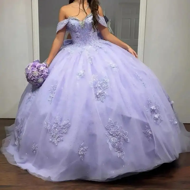 Lavender Off The Shoulder Ball Gown Quinceanera Dresses Glitter Crystal Beads Applique Lace Bow Tull Sweet 16 Dress Vestido De