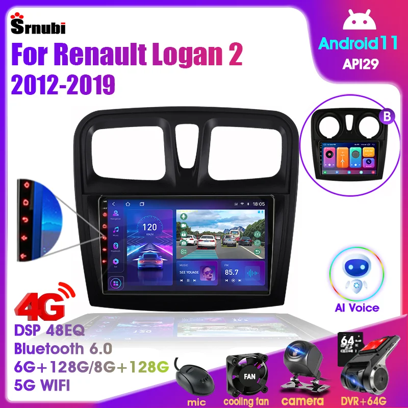 $100.13 Android 11 Car Radio Multimedia Player for Renault Logan 2 Sandero2 2012-2019 2Din Navigation Stereo Carplay Speakers Head Unit