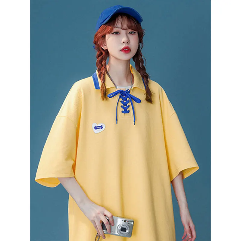 

Summer Polo Shirts Women Casual Loose Polos Shirt Female Solid Straps Tops Woman Cute Student Tee