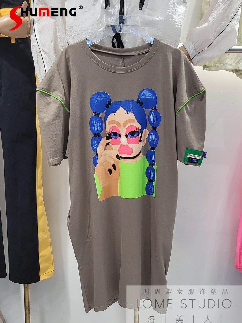 

2022 Summer New Loose Mid-Length Dresses Cartoon Anime Creative Printing Round Neck T-shirt Dress Female Short Sleeve Dress