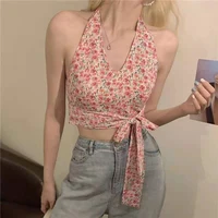 sweet flower lace up slim short t shirt sleeveless top korean fashion 2021 new spring and summer camisoles cute chic crop tops