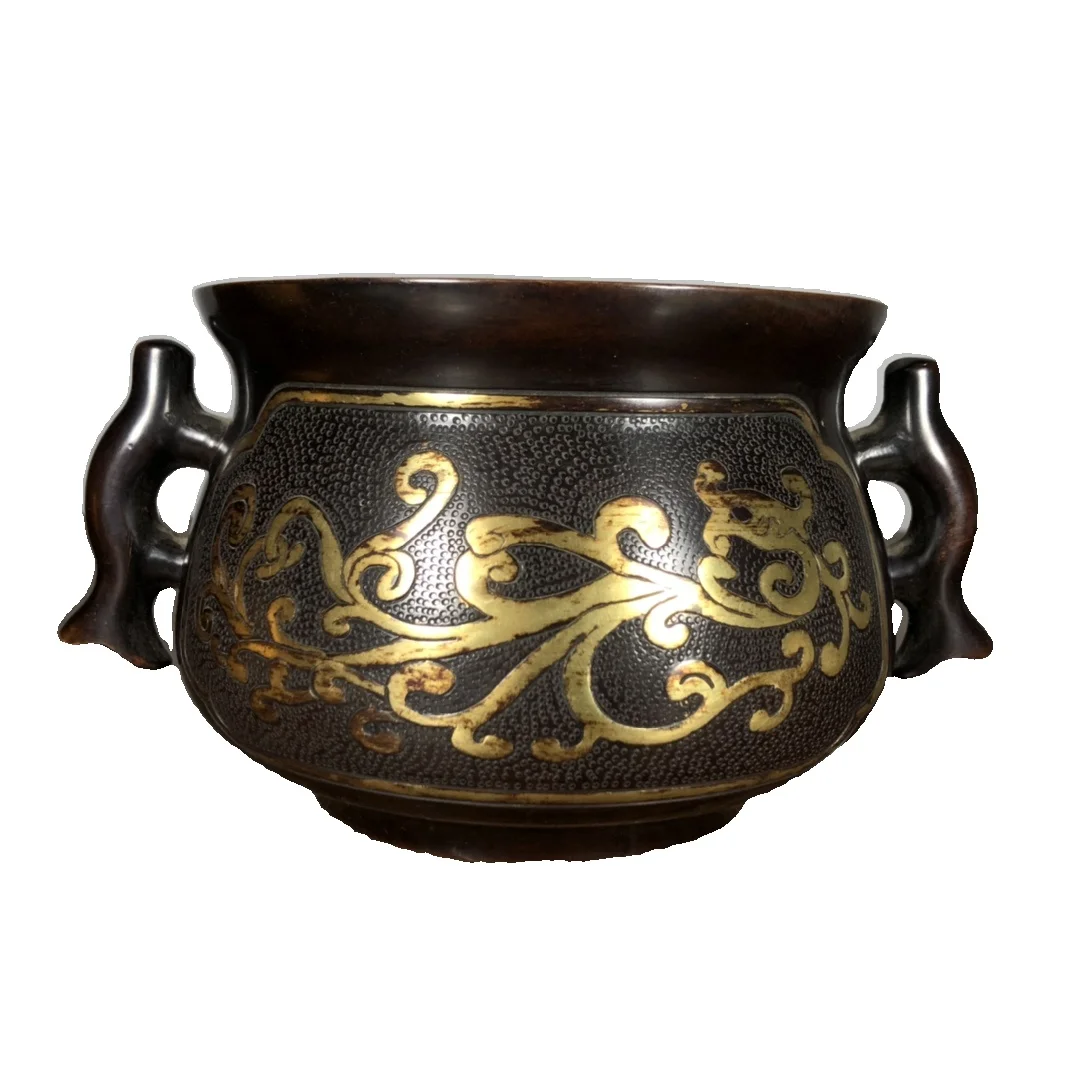 

LAOJUNLU Copper Carved Gilt Amphora Stove 14Cm Long Chinese Traditional Style Antiques Fine Art Gifts Crafts