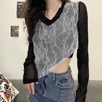 sexy v neck mesh see through stretchy tshirts new long sleeve autumn tshirts female streetwear outfit woman party club crop tops