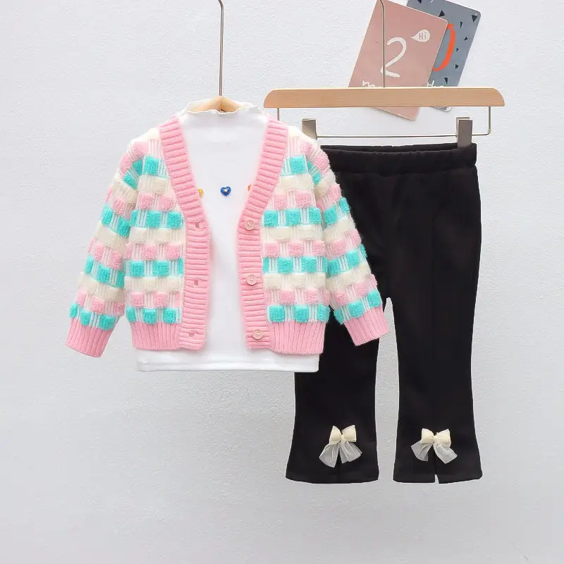 

Джемпер для маленьких девочек милые расклешенные комплекты одежды из трех предметов осенний полосатый свитер для маленьких девочек 1-5 лет, ...