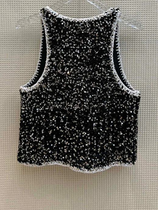 

korean Heavy Sequin Vest vintage Women Bow Sleeveless Sexy Club Short Tank Tops