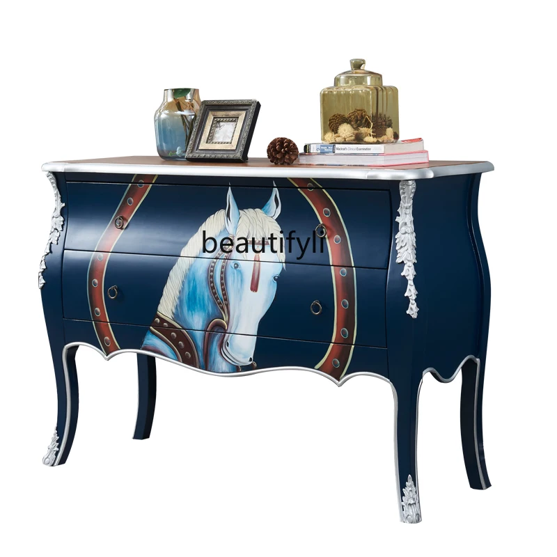 

yj American Style Chest of Drawers Storage Cabinet Hand Painted Chest of Drawers Solid Wood Five-Bucket Cabinet Hallway Cabinet