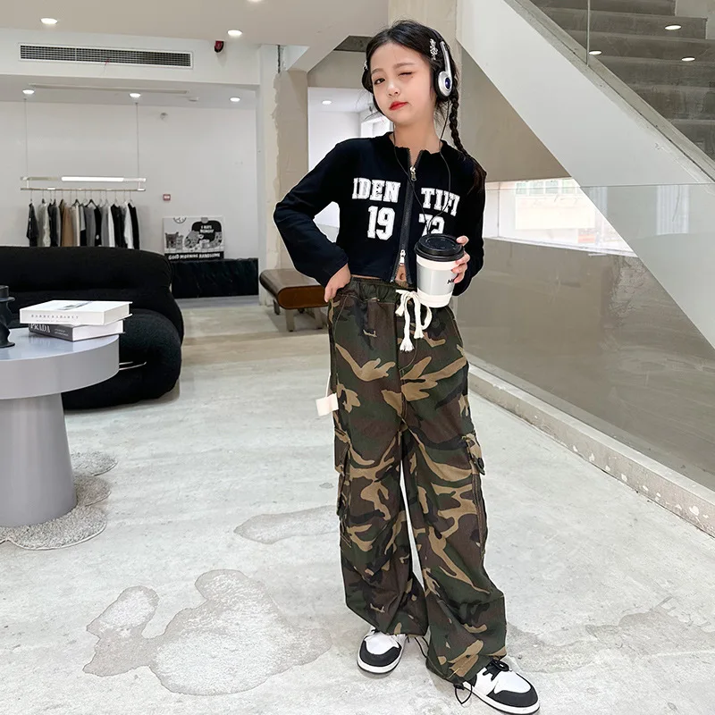 

Girl Cargo Pants 10 To 12 Years Children's Trousers Outdoor Clothes Camouflage Print Teenager Clothing