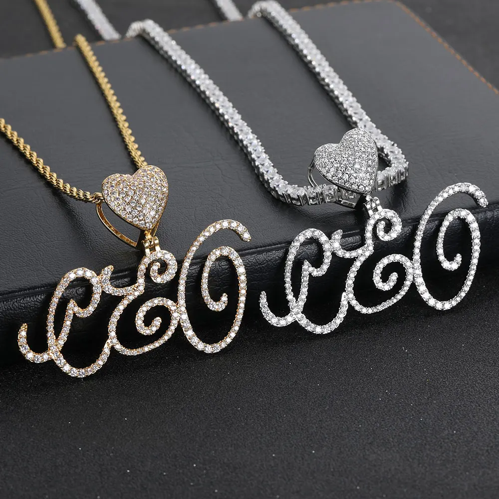 

Fashion Custom Jewelry Luxurious Heart Cursive Letters Splicing Iced Out Zircon Pendant Necklace For Women