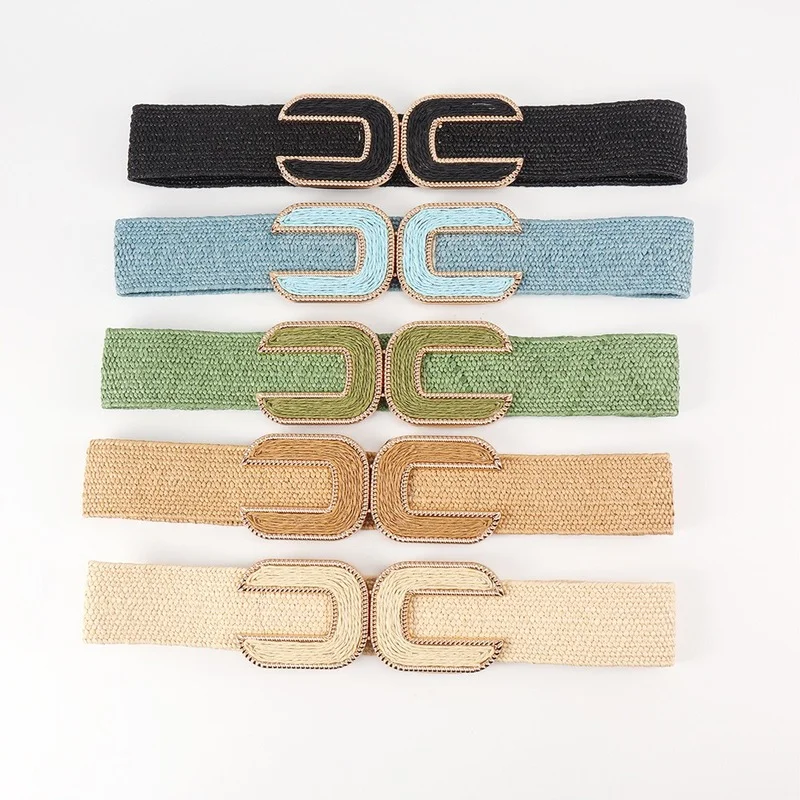 New Fashion Elastic Woven Buckle PP Grass Belt Comfortable Elastic Waistband Multicolor Decorative Dress Belt
