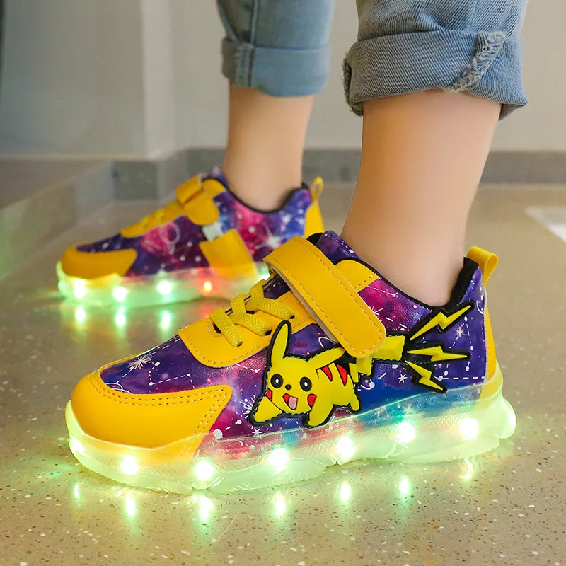 Pokemon LED Kids Sneakers Anime Pikachu Sport Running Shoes Basketball Breathable Tennis Shoes Casual Luminous Children's Shoes