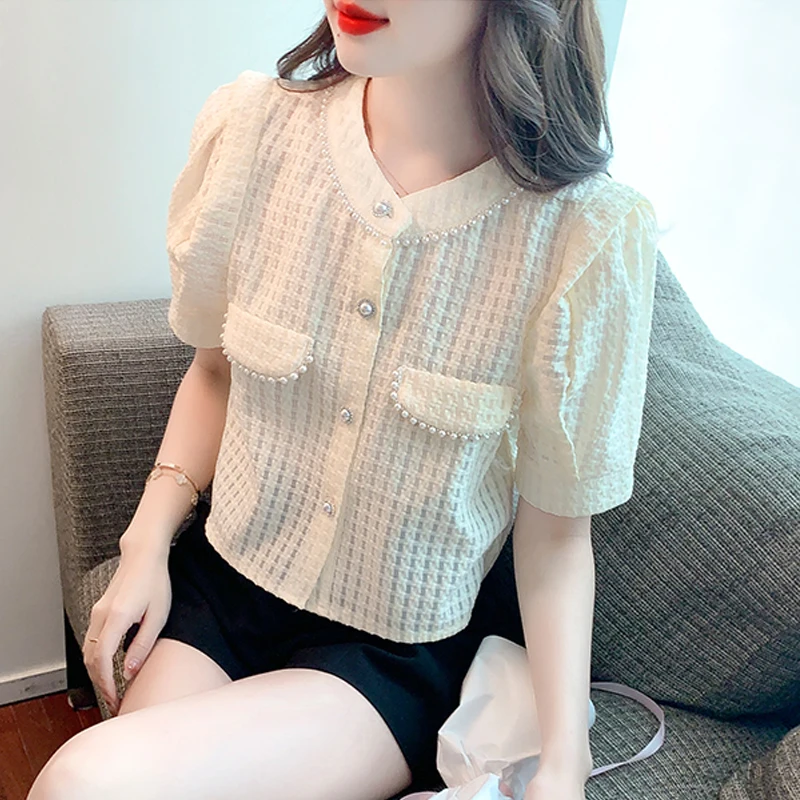 

Spring Sweet Puff Sleeve Blouses Women Summer Casual Chiffon Round Neck Short Shirt Fashion Cute Ladies Tops Blusas Mujer 24581