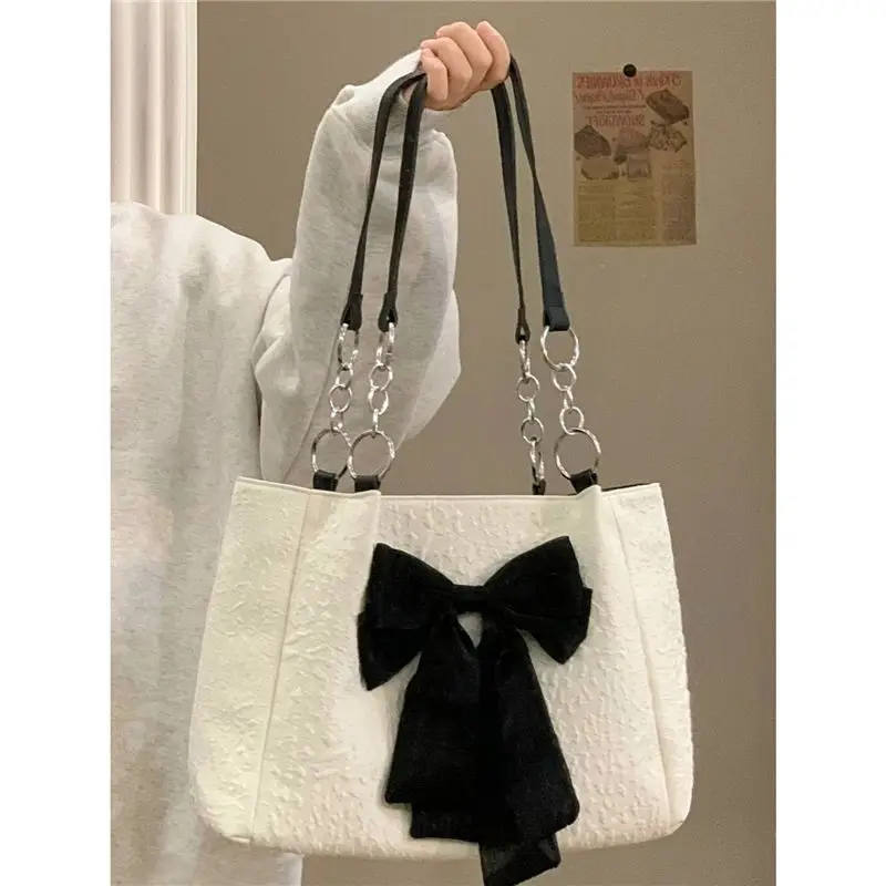 New Luxury Women's Shopping Bag Large Capacity Canvas Portable Shoulder Bag Fashion Cute Bow Zipper Portable Computer Tote Bag