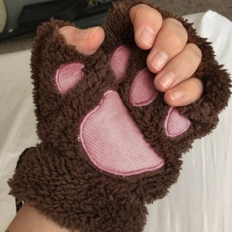 Kawaii Ladies Cat Gloves Fashion Girl Cat Claw Plush Mittens Warm Soft Plush Short Fingerless Half Finger Winter Gloves images - 6
