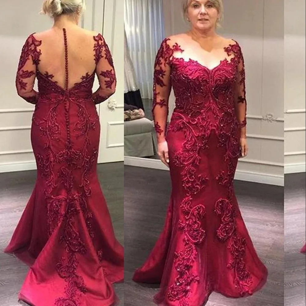 

GUXQD Mother Of The Bride Dresses Burgundy Mermaid Jewel Neck Illusion Long Sleeves Appliques Beads Party Evening Guest Gowns