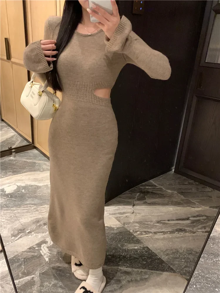 Новое осеннее модное сексуальное вязаное платье с открытой талией женское цвета
