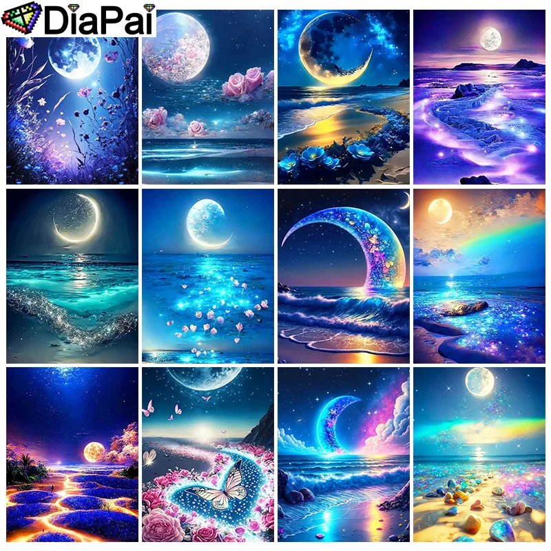 

Алмазная живопись DIAPAI, «пейзаж, пляж, луна», вышивка крестиком, фото на заказ, алмазная вышивка, квадратная круглая вышивка, украшение для дома