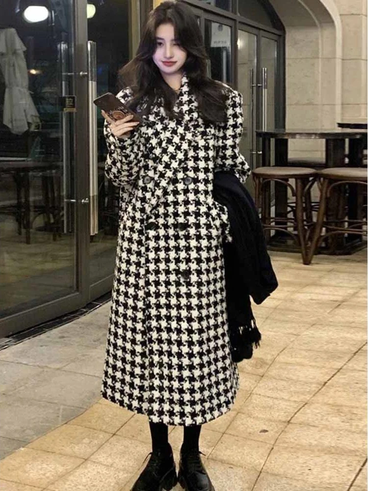 

Осенне-зимнее свободное теплое Женское шерстяное пальто в клетку с длинным рукавом и круглым вырезом, двубортное шерстяное пальто T410