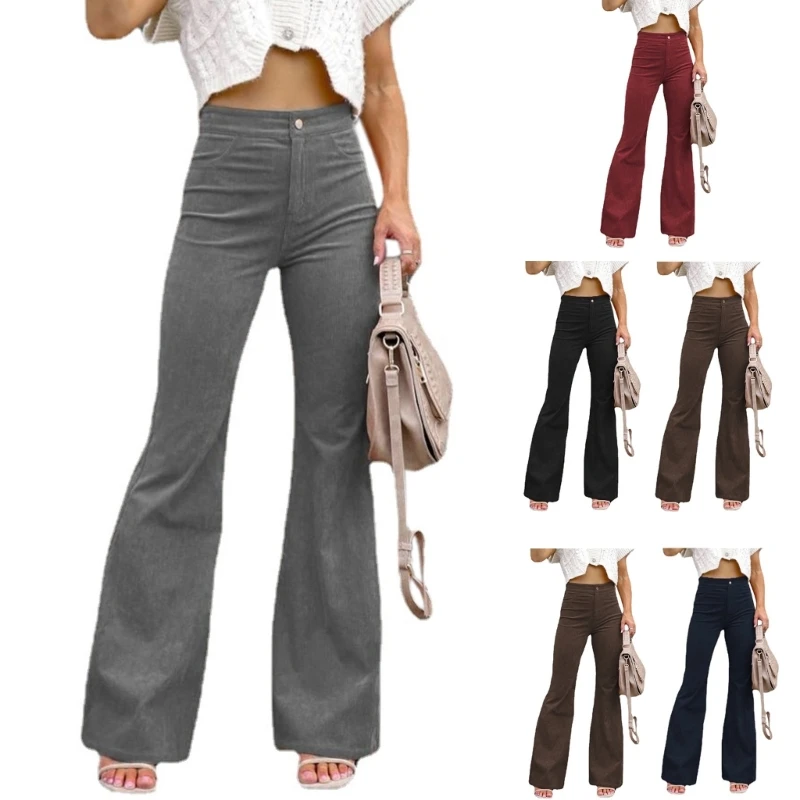 

High Waisted Flare Pants for Women Solid Corduroy Pants Casual Flared Trousers 10CD