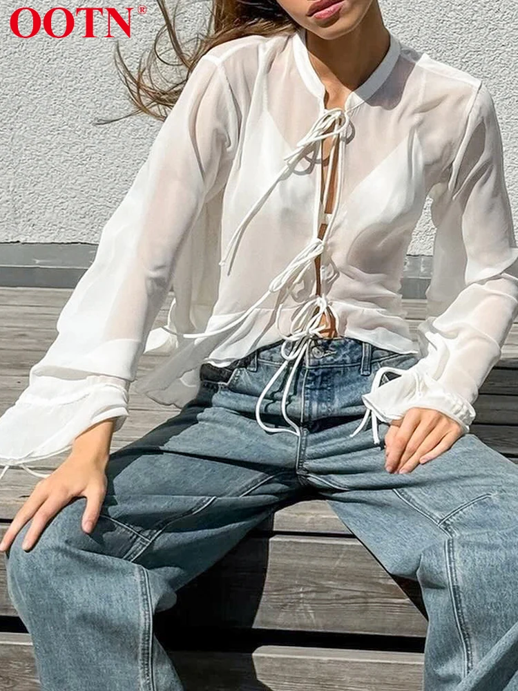 Белые рубашки OOTN женская Свободная блузка с длинным рукавом и воротником-стойкой
